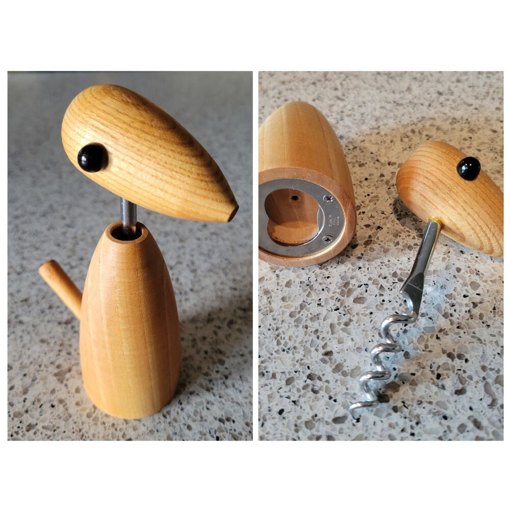 VTG MCM Handcrafted Wood Bird Corkscrew Bottle Opener Stainless Made in Japan